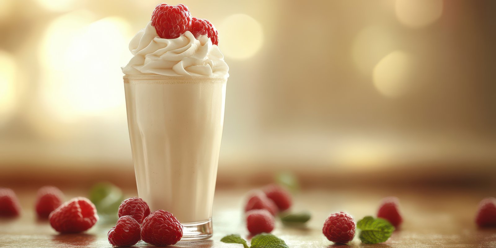 Delicious creamy dessert topped with fresh raspberries placed on a wooden table in a cozy setting